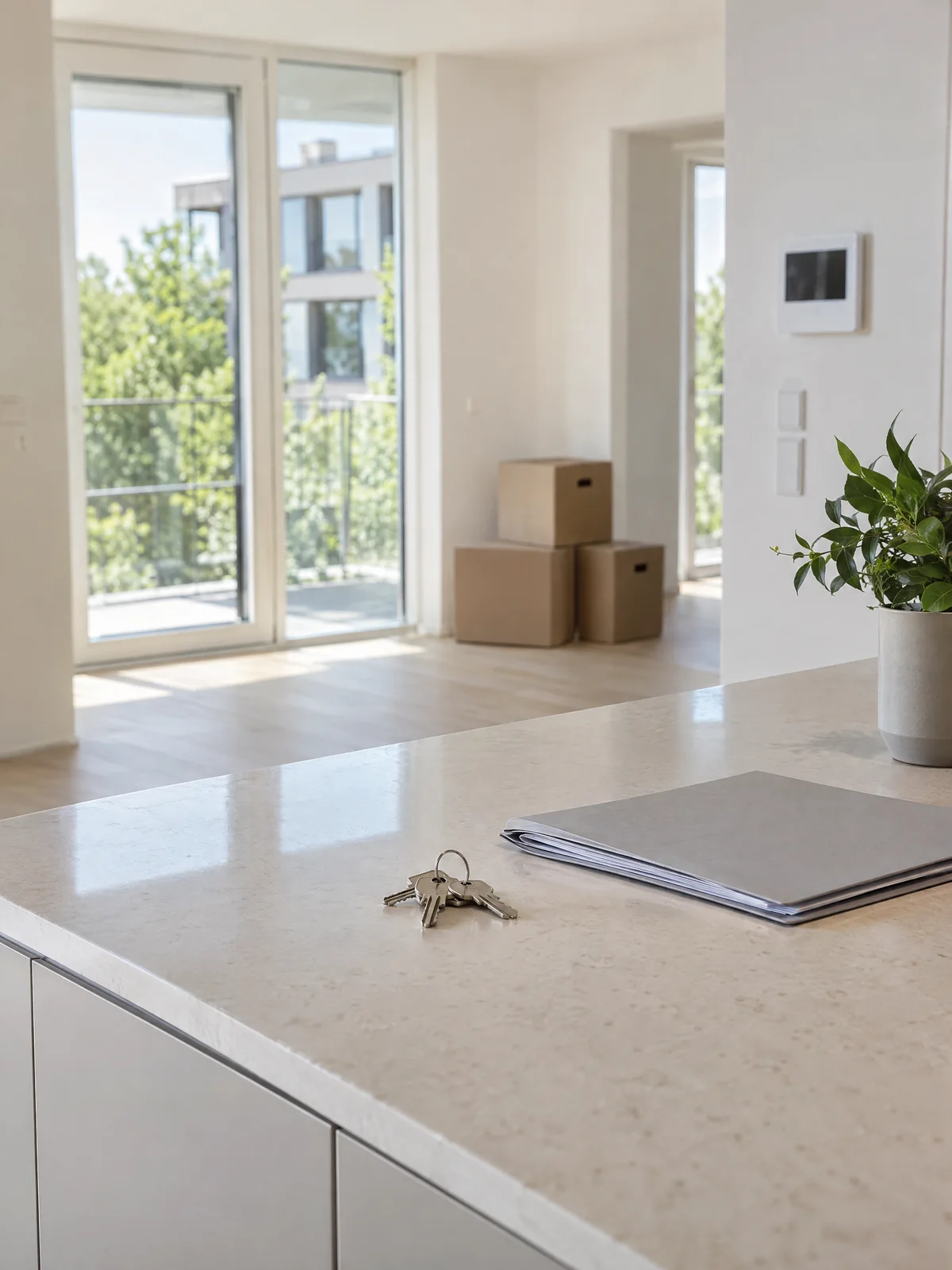 A bright, finished apartment just before move-in: keys and documents on the kitchen island, moving boxes behind