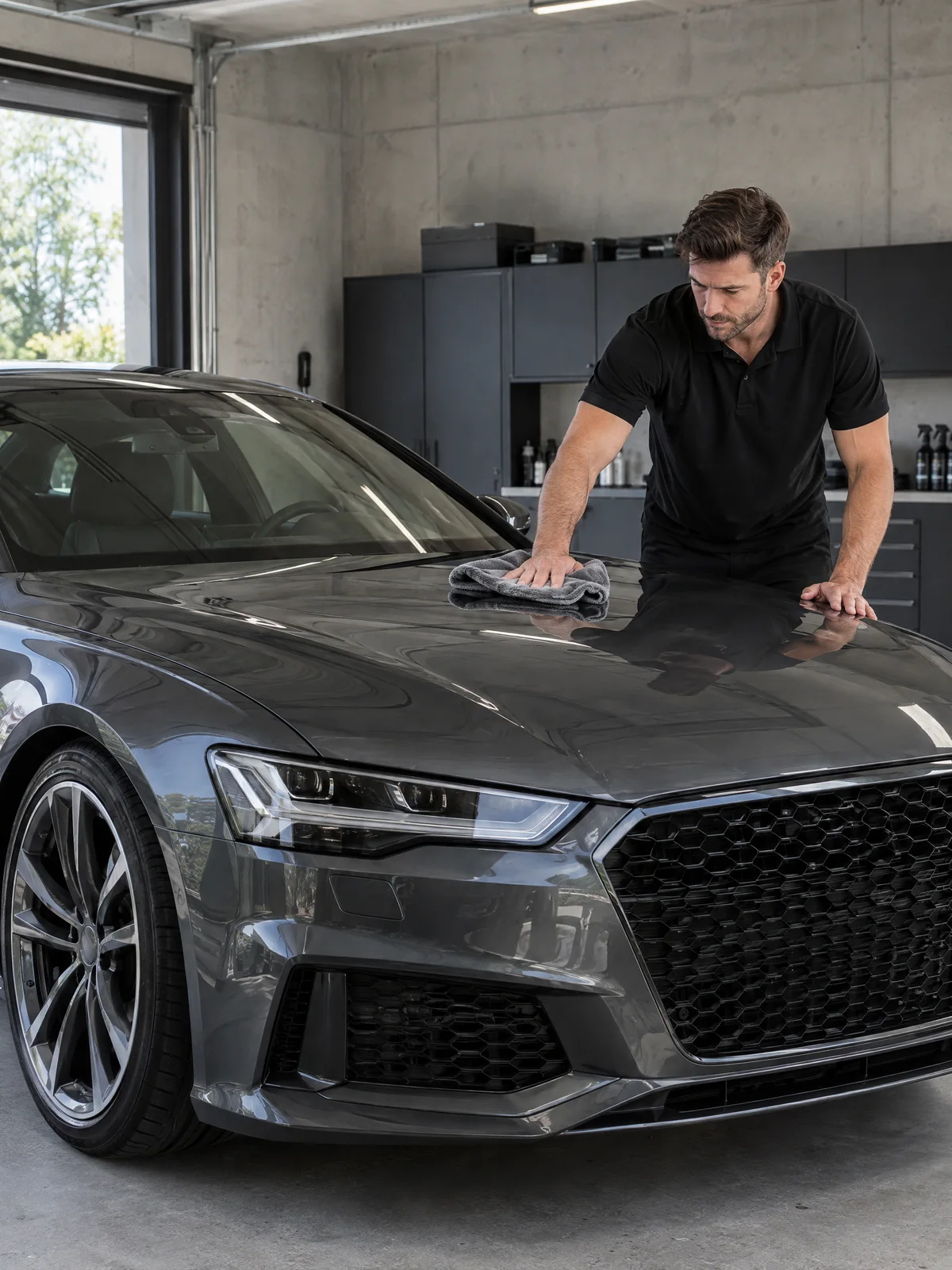 A dark car being hand-dried in a bright garage