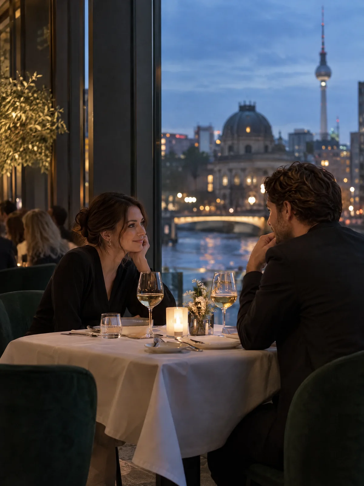 A table for two by the window of an elegant Berlin restaurant in the evening