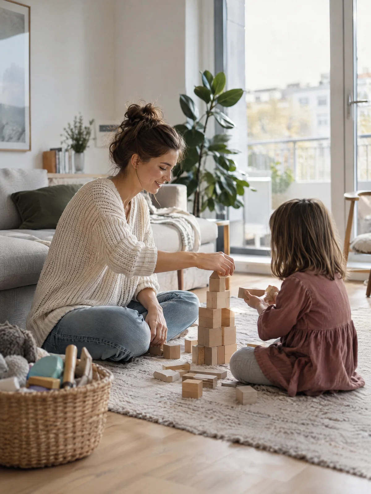 A childminder building a tower of wooden blocks with a small child