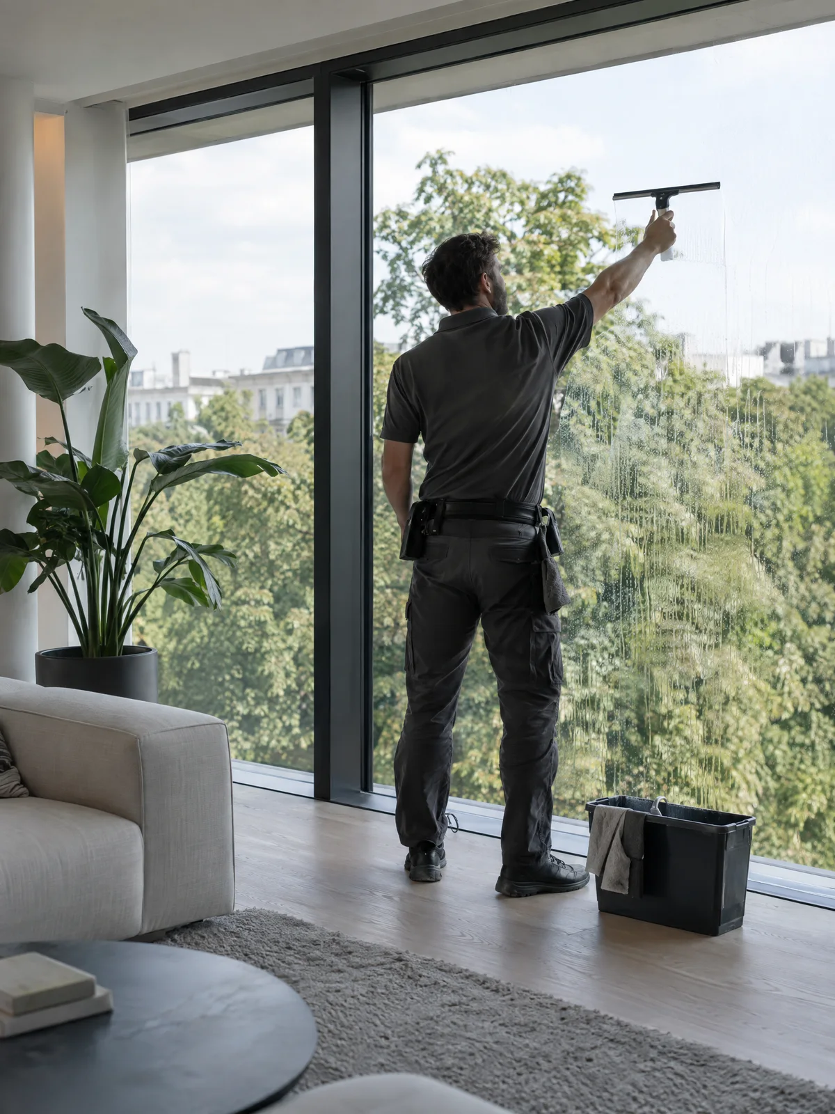 A window cleaner cleaning a floor-to-ceiling window in a modern living room